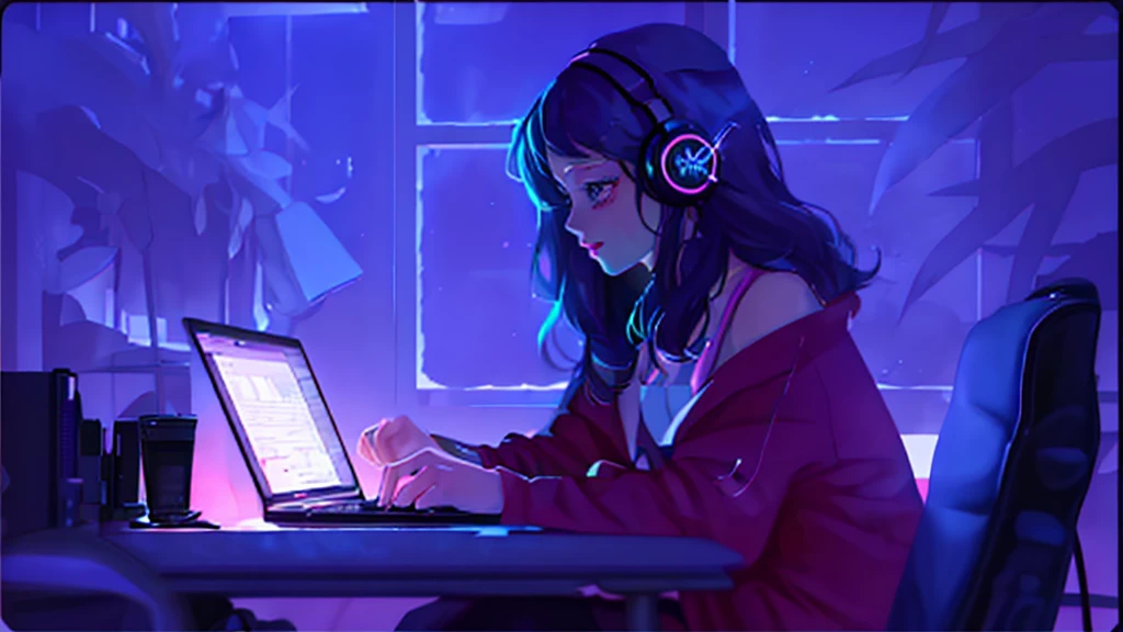 Anime girl sitting at a desk with a laptop and headphones, Lofiatostyle, lofi girl, anime atmosphere, lofi girl aesthetic, anime aesthetics, portrait of lofi, Lofiato, digital anime illustration, Lofi feeling, Computer aesthetics, study, anime lover, Nightcore, anime picture, High quality anime art style, lofi aesthetic