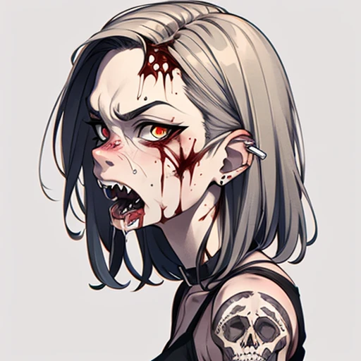 An image of a zombie witch with a creepy face, angry, wide numb eyes, scary open mouth, big sharp teeth with dripping blood and an occult tattoo on the neck, inspired by Junji Ito, junji ito style, art style of junji ito, in style of junji ito, ito junji art, style of junji ito, subtle junji ito, kaethe butcher, inspired by Hannah Frank, fleshy - cyborg - zombie