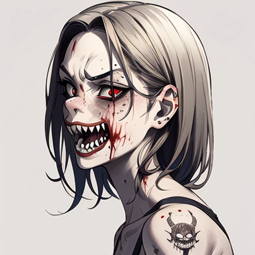 An image of a zombie witch with a creepy face, angry, wide numb eyes, scary open mouth, big sharp teeth with dripping blood and an occult tattoo on the neck, inspired by Junji Ito, junji ito style, art style of junji ito, in style of junji ito, ito junji art, style of junji ito, subtle junji ito, kaethe butcher, inspired by Hannah Frank, fleshy - cyborg - zombie