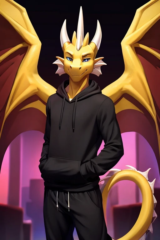 anthro dragon with wings and sacles and tail, male, wearing black hoodie, black sweatpants