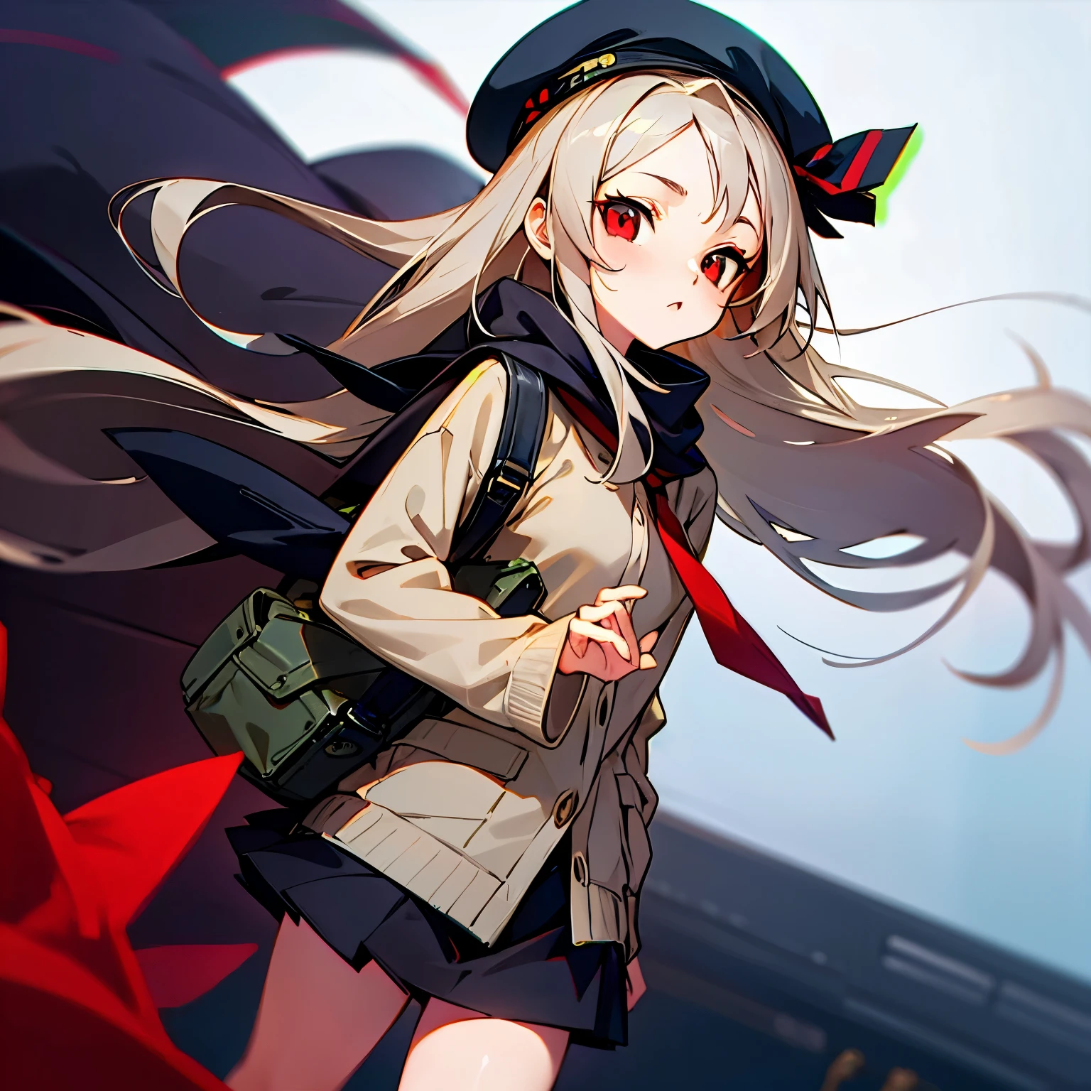girl long gray hair brown beret beige sweater red eyes two-dimensional navy miniskirt