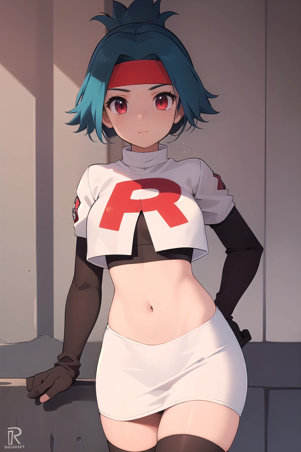 (masterpiece, best quality:1.2), solo, 1girl, solana, looking at viewer, headband, team rocket,team rocket uniform,white skirt,red letter R,crop top,black thigh-highs,black elbow gloves