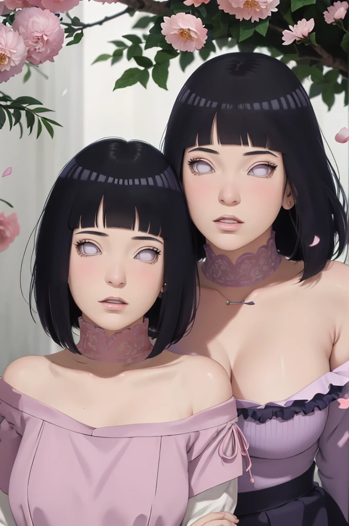masterpiece, absurdres, hinata\(boruto\), 1girl, solo,mature female, off-shoulder lace shirt, While looking at the camera, (falling petals), perfect composition, detailed lips, big breast, beautiful face, body propotion, blush, (pink lips), long hair,  purple eyes,  soft gaze,  super realistic, detailed, photoshoot, realistic face and body,
