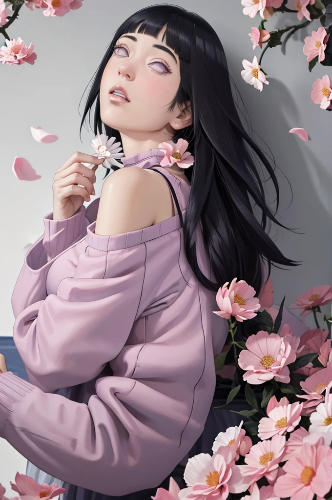 masterpiece, absurdres, hinata\(boruto\), 1girl, solo,mature female, off-shoulder lace shirt, While looking at the camera, (falling petals), perfect composition, detailed lips, big breast, beautiful face, body propotion, blush, (pink lips), long hair, purple eyes, soft gaze, super realistic, detailed, photoshoot, realistic face and body,