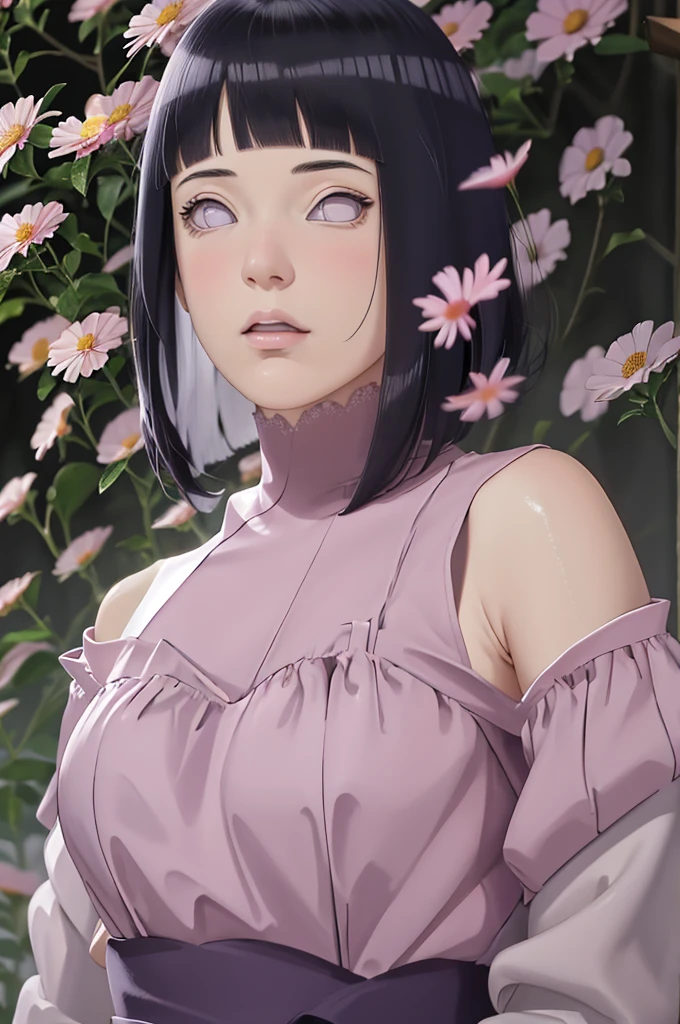 masterpiece, absurdres, hinata\(boruto\), 1girl, solo,mature female, off-shoulder lace shirt, While looking at the camera, (falling petals), perfect composition, detailed lips, big breast, beautiful face, body propotion, blush, (pink lips), long hair,  purple eyes,  soft gaze,  super realistic, detailed, photoshoot, realistic face and body,