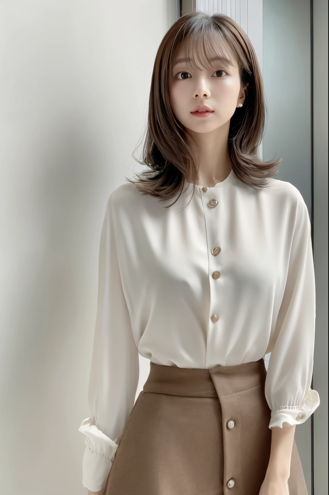 A futuristic portrait of existence, Capture creatures using high-speed camera technology, Emphasize its smooth form, And create the perfect blend of simple compositions against a clean background. High-end designs are implemented in Unreal Engine, (best qualtiy, A high resolution, tmasterpiece:1.3), A skinny and beautiful Japanese woman, Slender abs, Dark brown hair in loose wavy styling, medium breasts, very thin waist, Wear a pendant, white button-down blouse without bra, a black skirt, Beautifully rendered details in face and skin textures, Detailed eyes, alone in a photo