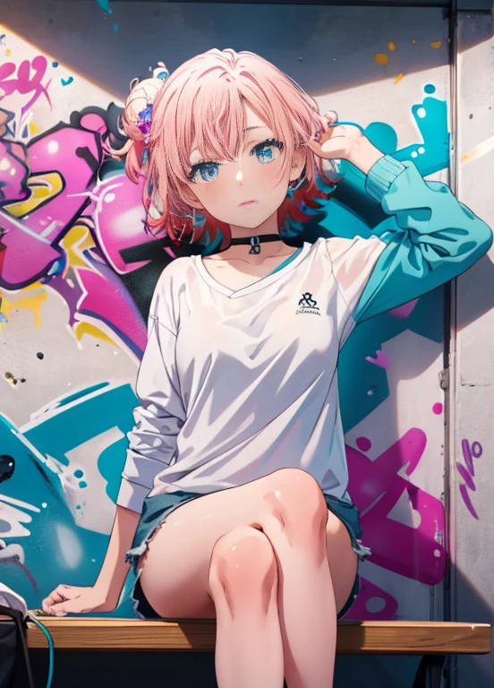 table top, high quality, 最high quality, High resolution, 4K, High resolution, beautiful lighting,highly detailed face, well drawn hands, beautifully drawn legs,well drawn feet,well drawn eyes,1 girl, short hair, pink hair, pink eyes, Yui, bun hair,denim shorts, choker, (graffiti:1.5), paint splatters, turn your arms behind your back, towards the wall, looking at the viewer, armband, thigh strap, paint on the body, head tilt, was bored, colorful hair, aqua eye, headset,(masterpiece:1.2), 最high quality, High resolution, unity 8k wallpaper, (figure:0.8), (beautiful and fine eyes:1.6), highly detailed face, perfect lighting, Very detailed CG, (perfect hands, perfect anatomy),