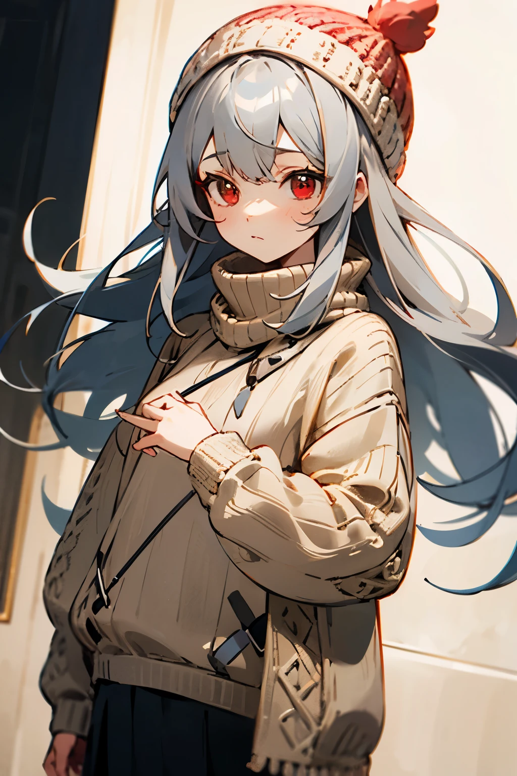 girl long gray hair knitted hat red eyes beige sweater two-dimensional