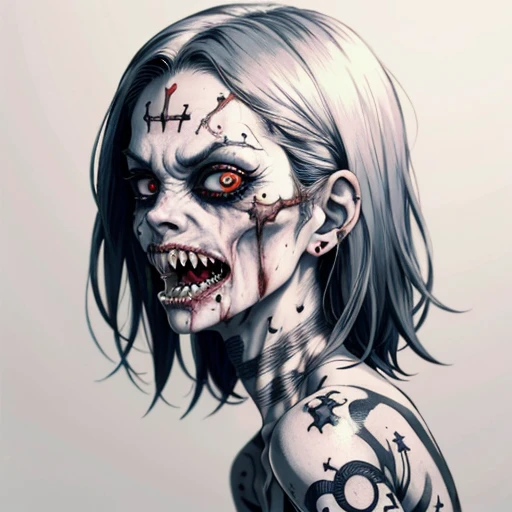 An image of a zombie witch with a creepy face, angry, wide numb eyes, scary open mouth, big sharp teeth with dripping blood and an occult tattoo on the neck, inspired by Junji Ito, junji ito style, art style of junji ito, in style of junji ito, ito junji art, style of junji ito, subtle junji ito, kaethe butcher, inspired by Hannah Frank, fleshy - cyborg - zombie