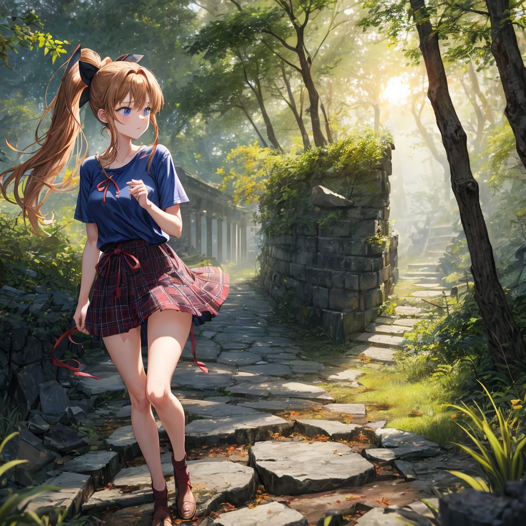 reddish-brown blonde、blue hair、blue eyes、ponytail、one good looking girl、solo、anime、Plaid miniskirt、camisole、black t-shirt、Clothes are torn、Tilting your face、Doing the ribbon、Ribbon at waist、sunset sky、broken stone steps、ruins、tunnel、Fallen leaves、Light and shadow、Raising legs、column、sparks fall、forest、tall grass grows、cloak、the ground is cracked、Vortex of Light、looking down、Shortness of breath