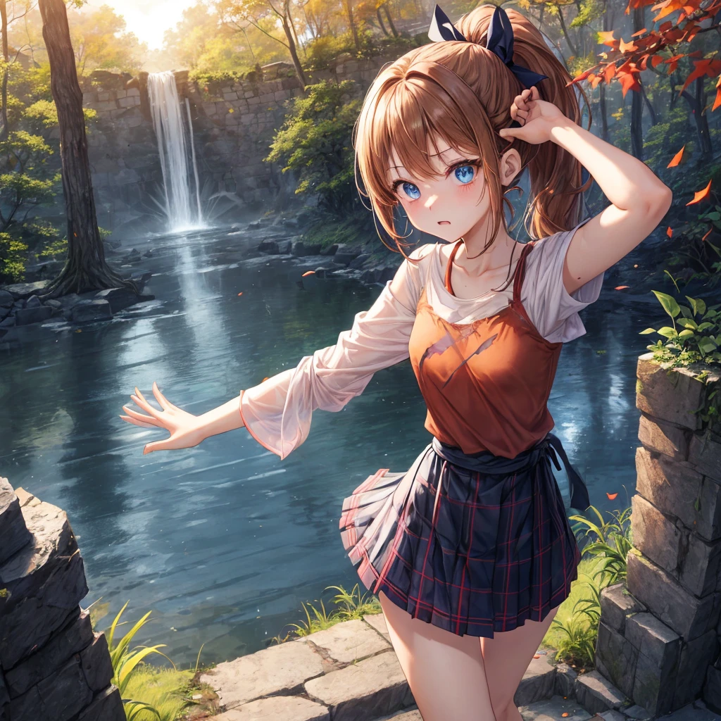 reddish-brown blonde、blue hair、blue eyes、ponytail、one good looking girl、solo、anime、Plaid miniskirt、camisole、black t-shirt、Clothes are torn、Tilting your face、Doing the ribbon、Ribbon at waist、sunset sky、broken stone steps、ruins、tunnel、Fallen leaves、Light and shadow、Raising legs、column、sparks fall、forest、tall grass grows、cloak、the ground is cracked、Vortex of Light、looking down、Shortness of breath