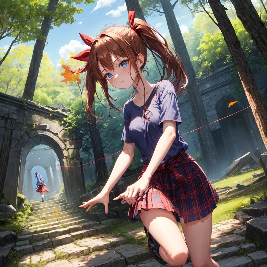 reddish-brown blonde、blue hair、blue eyes、ponytail、one good looking girl、solo、anime、Plaid miniskirt、camisole、black t-shirt、Clothes are torn、Tilting your face、Doing the ribbon、Ribbon at waist、sunset sky、broken stone steps、ruins、tunnel、Fallen leaves、Light and shadow、Raising legs、column、sparks fall、forest、tall grass grows、cloak、the ground is cracked、Vortex of Light、looking down、Shortness of breath