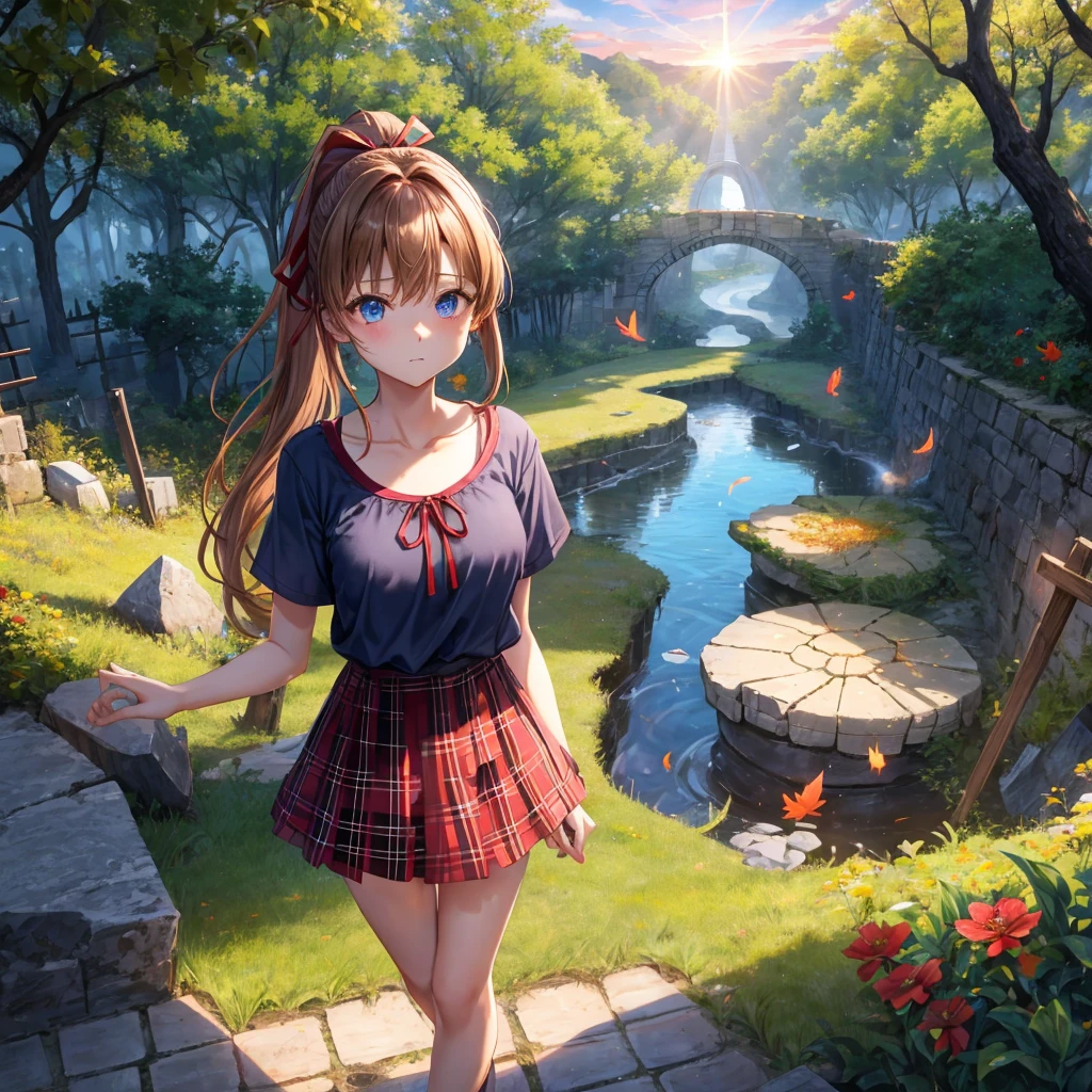 reddish-brown blonde、blue hair、blue eyes、ponytail、one good looking girl、solo、anime、Plaid miniskirt、camisole、black t-shirt、Clothes are torn、Tilting your face、Doing the ribbon、Ribbon at waist、sunset sky、broken stone steps、ruins、tunnel、Fallen leaves、Light and shadow、Raising legs、column、sparks fall、forest、tall grass grows、cloak、the ground is cracked、Vortex of Light、looking down、Shortness of breath