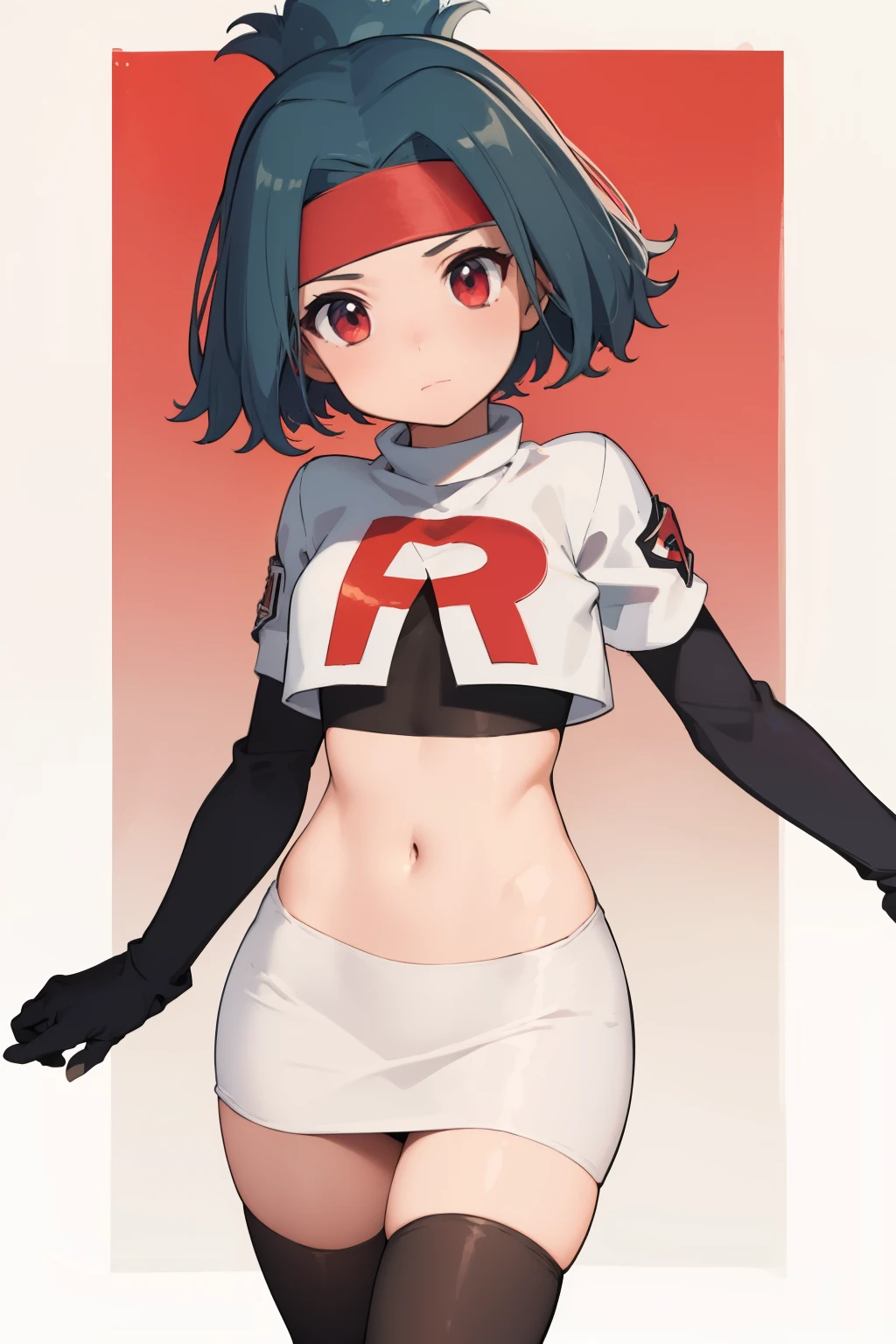 (masterpiece, best quality:1.2), solo, 1girl, solana, looking at viewer, headband, team rocket,team rocket uniform,white skirt,red letter R,crop top,black thigh-highs,black elbow gloves