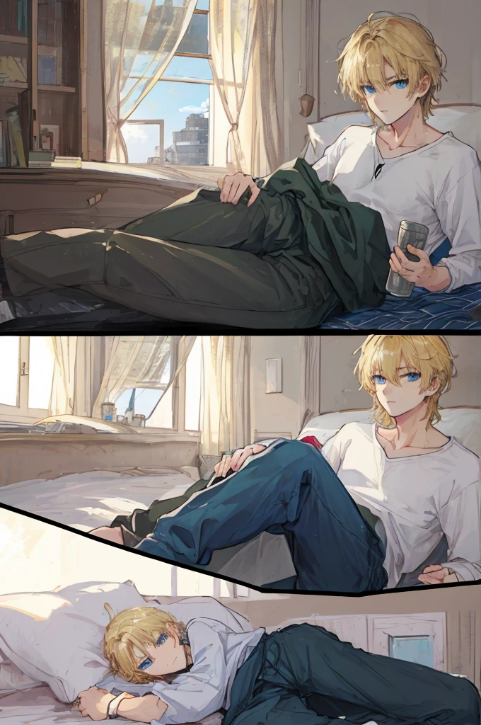 a handsome man,adult,blond,blue eyes,clavicle,Sweatshirt,long trousers,Lazy,(Very detailed background,bedroom),on the bed,