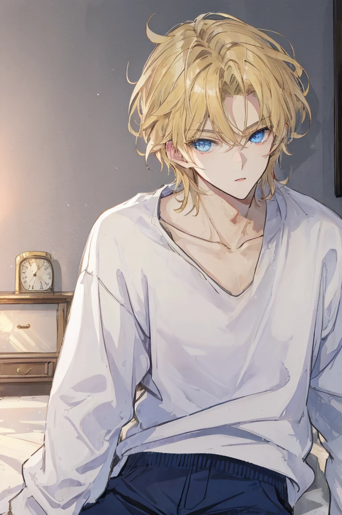 a handsome man,adult,blond,blue eyes,clavicle,Sweatshirt,long trousers,Lazy,(Very detailed background,bedroom),on the bed,