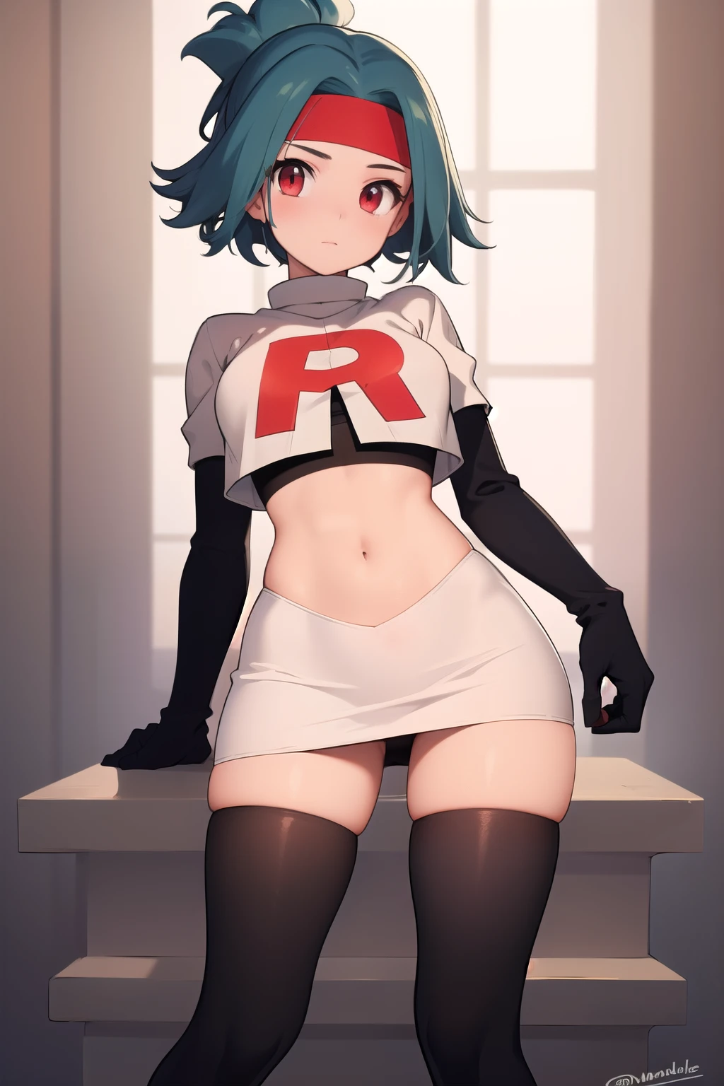 (masterpiece, best quality:1.2), solo, 1girl, solana, looking at viewer, headband, team rocket,team rocket uniform,white skirt,red letter R,crop top,black thigh-highs,black elbow gloves