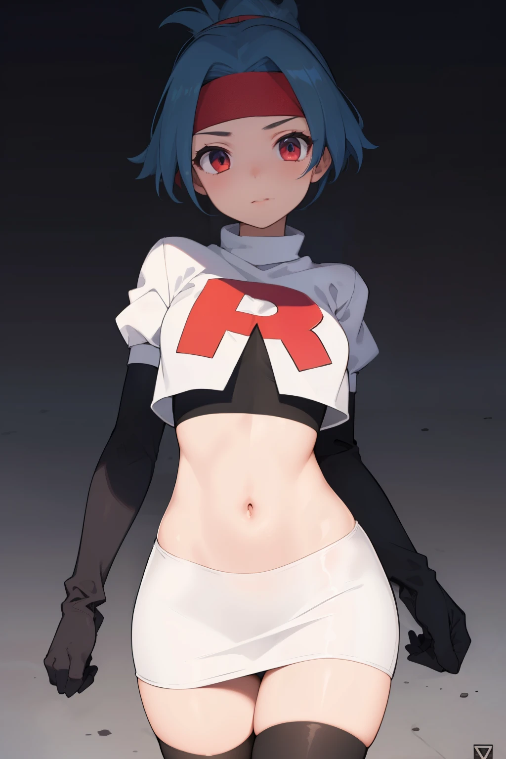 (masterpiece, best quality:1.2), solo, 1girl, solana, looking at viewer, headband, team rocket,team rocket uniform,white skirt,red letter R,crop top,black thigh-highs,black elbow gloves