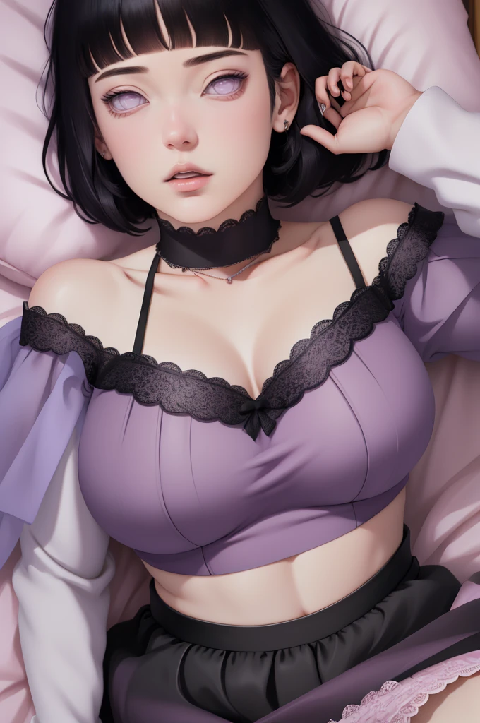 (masterpiece) (huge titusty, masterpiece, absurdres, hinata\(boruto\), 1girl, solo,mature female, off-shoulder bra, high waist short black skirt, looking at viewelling petals), perfect composition, detailed lips, big breast, beautiful face, body propotion, blush, (pink lips), short hair, (black hair), purple eyes, soft gaze, super realistic, detailed, photoshoot, realistic face and body, closed mouth, laying on the bed , lilac eyes, full body, lace clothes,