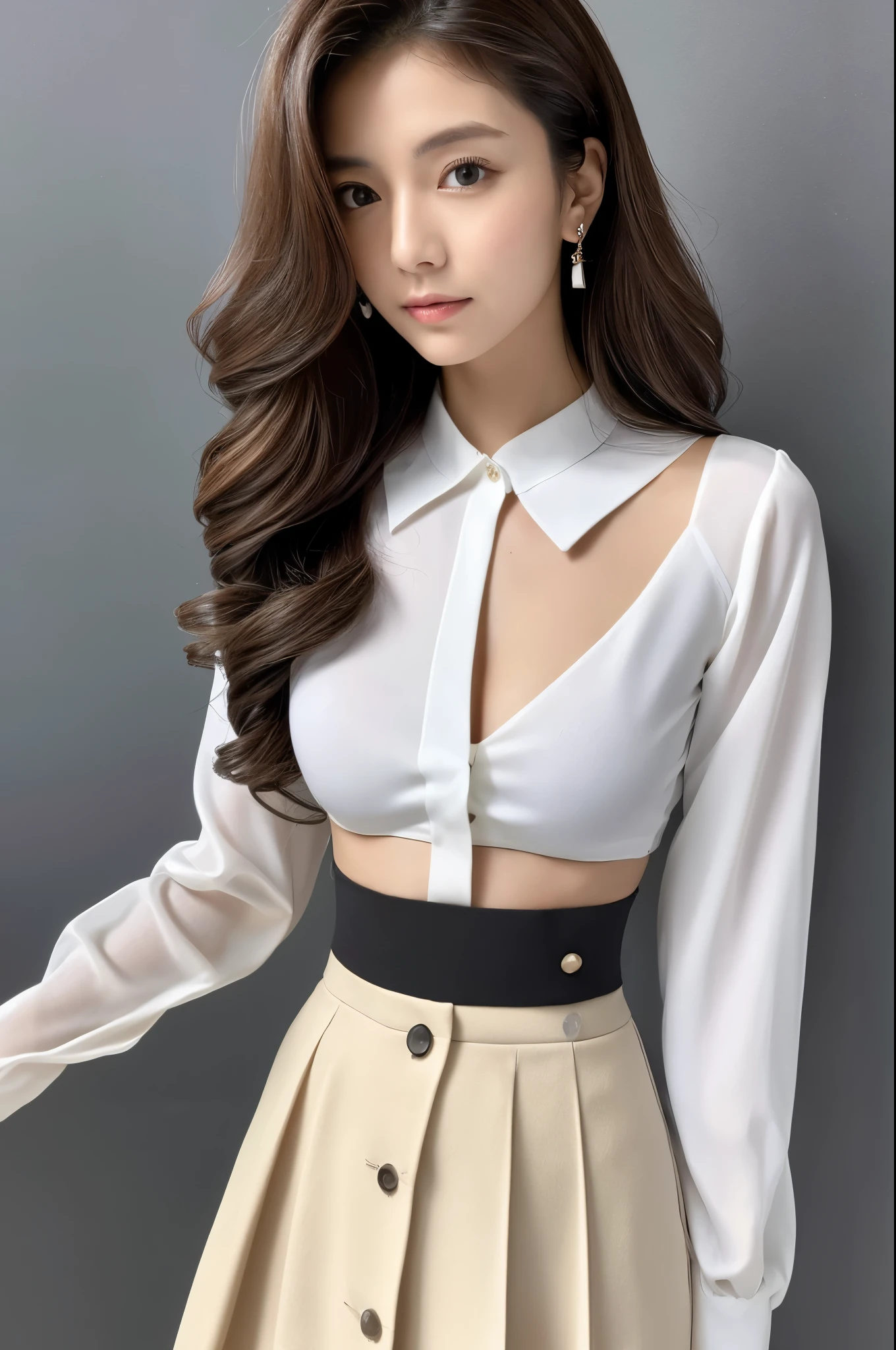 A futuristic portrait of existence, Capture creatures using high-speed camera technology, Emphasize its smooth form, And create the perfect blend of simple compositions against a clean background. High-end designs are implemented in Unreal Engine, (best qualtiy, A high resolution, tmasterpiece:1.3), A skinny and beautiful Japanese woman, Slender abs, Dark brown hair in loose wavy styling, medium , very thin waist, Wear a pendant, white button- blouse without bra, a black skirt, Beautifully rendered details in face and skin textures, Detailed eyes, alone in a photo