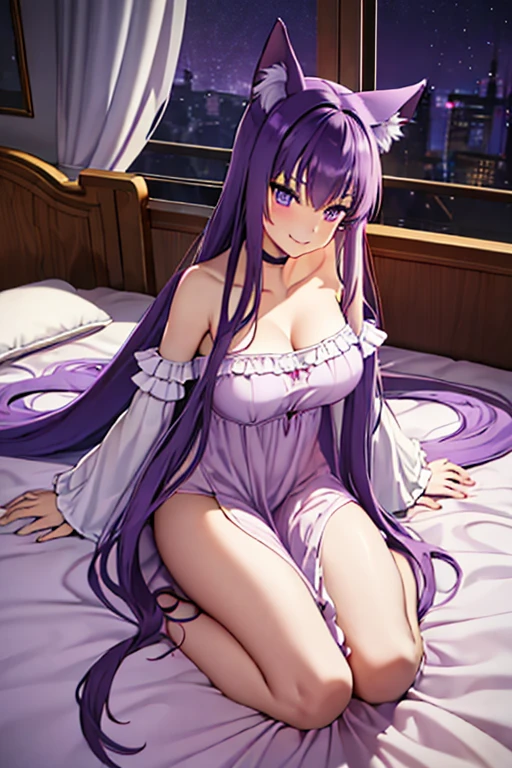 (very long purple hair), purple eyes, cat eyes, detailed eyes, beautiful eyes, fullbody, mature woman, seductive, fox ears, multiple fox tails, smile, looking at viewer, big tits, large breasts, busty, semi-transparent clothes, nightgown, nightdress, camisole, indoors, room, bed