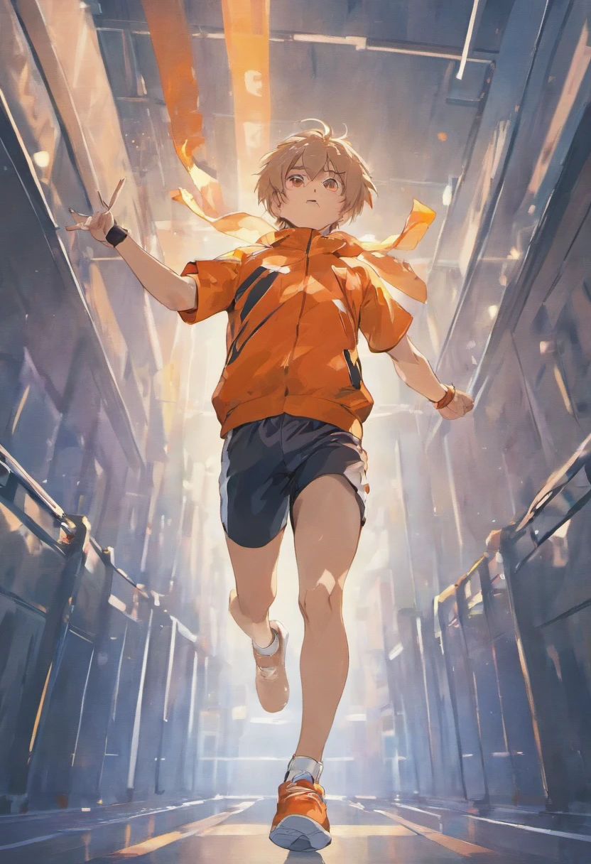 Wallpaper phone，best picture quality，8k，full body portrait，panoramic，telephoto lens，anime characters，Two-dimensional images，Alexander Fogo,delicate orange eyes， 1 boy,  white socks, White Nike sneakers, orange short pants, orange color shirt, running,track and field , perspective from below，shorten, backlight, bloom, track, outdoor, The crotch is raised