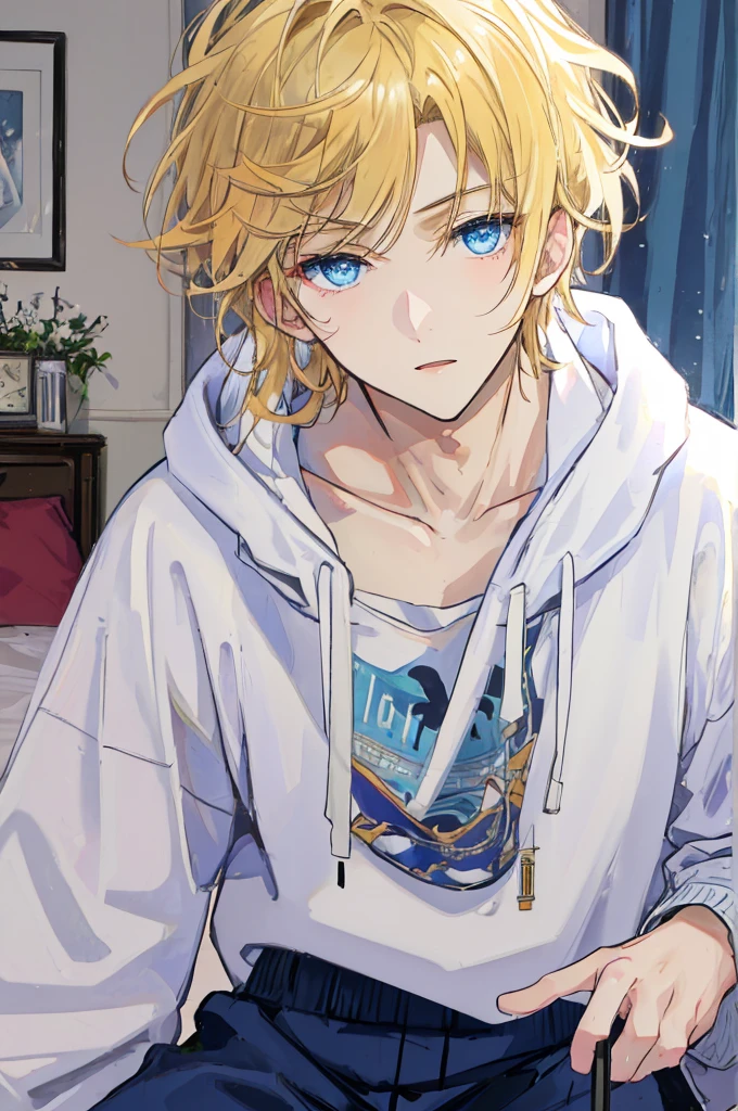 a handsome man,adult,blond,blue eyes,clavicle,Sweatshirt,long trousers,Lazy,(Very detailed background,bedroom),