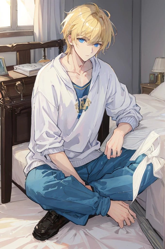 a handsome man,adult,blond,blue eyes,clavicle,Sweatshirt,long trousers,Lazy,(Very detailed background,bedroom),