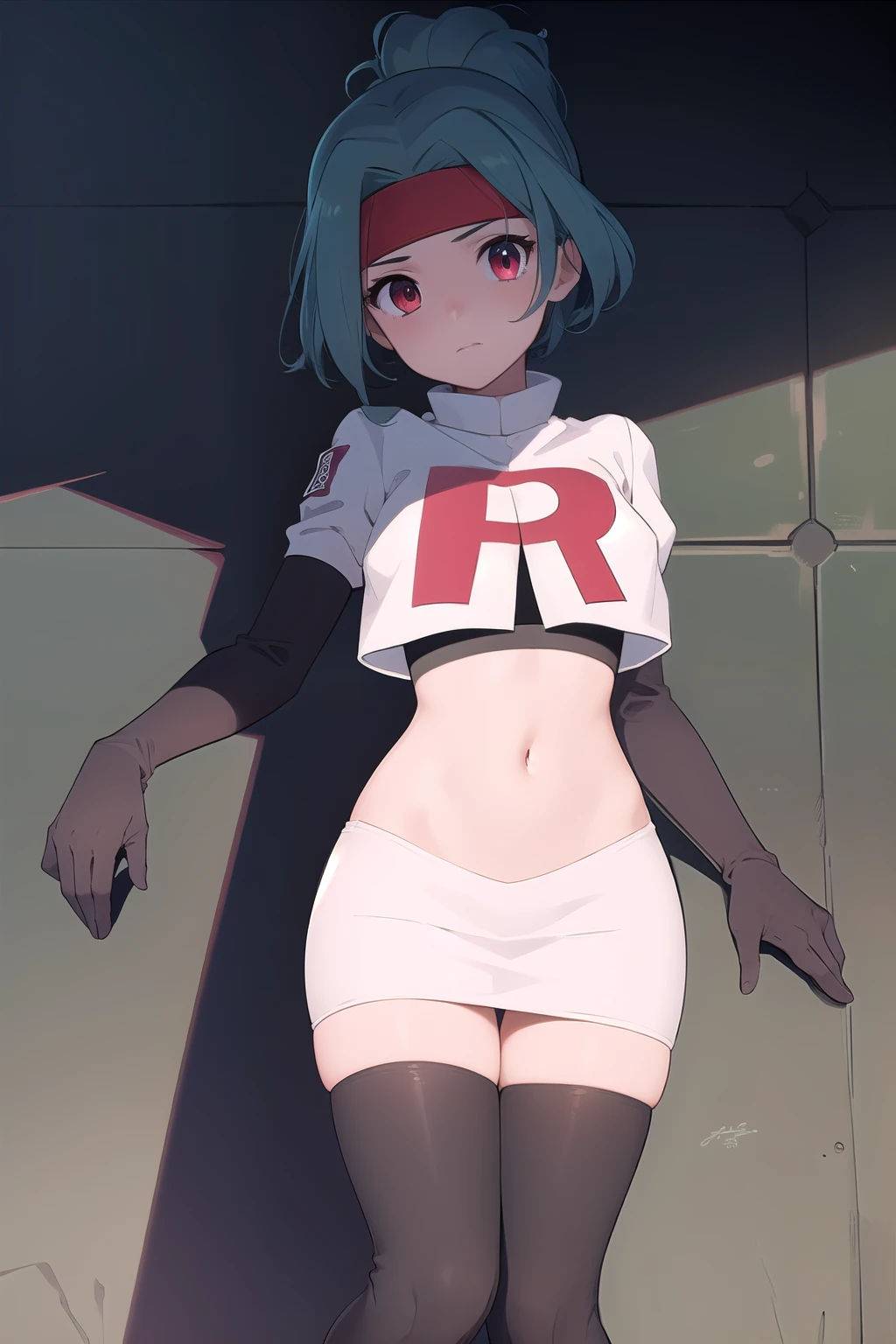 (masterpiece, best quality:1.2), solo, 1girl, solana, looking at viewer, headband, team rocket,team rocket uniform,white skirt,red letter R,crop top,black thigh-highs,black elbow gloves