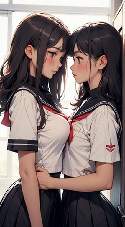 super fine illustration,masterpiece,best quality,ultra detailed,2girls,yuri,look at each other,eye contact,sailor school uniform,short sleeves,breasts press against breasts,large breasts,medium hair,blush,shy,