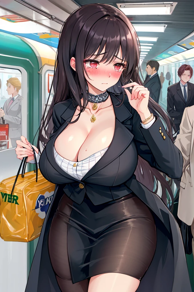 A woman with big ，Gorgeous MILF，clavicle，business attire，exquisite，Intricate details，(blush:1.2)，shed tears，Fear，A subway with lots of people coming and going，