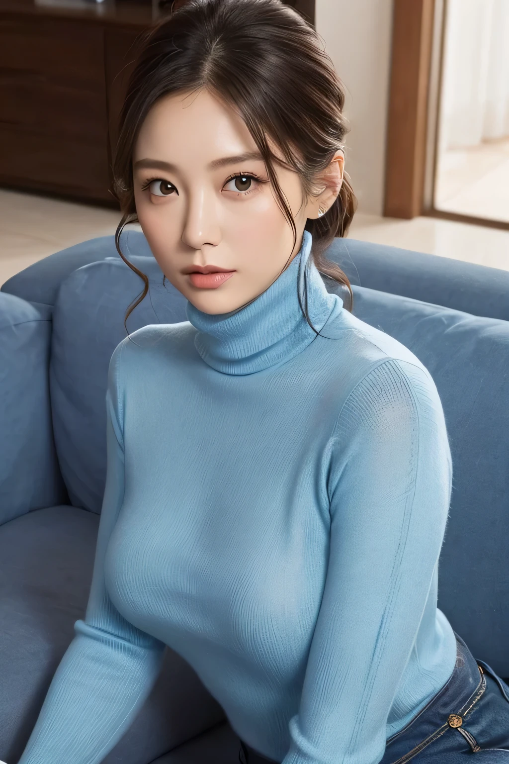 Light blue turtleneck knit with an open neckline、medium breasts、valley、A beautiful woman with a sense of transparency、cute、upper body up、sofa、Angle from above、Luxurious living room in the background