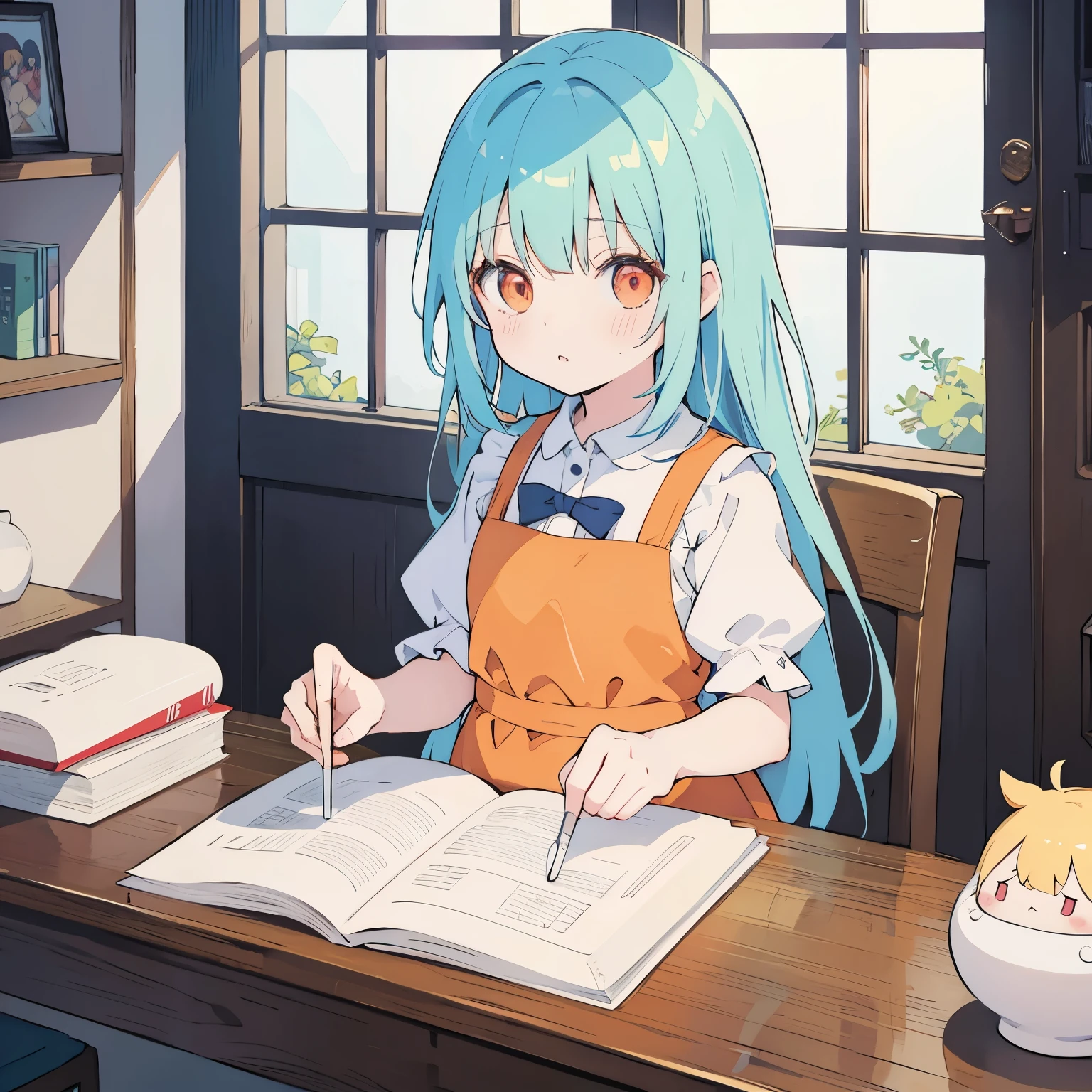 Anime girl sitting at a table with a doll and an orange、small li girl、splash art anime loli、Cute girl anime visual、small curvaceous 、in a dress、cute animeの女の子、cute anime、、anime moe art style、official artワーク、official art、cute art style、zerochan art、young anime girl