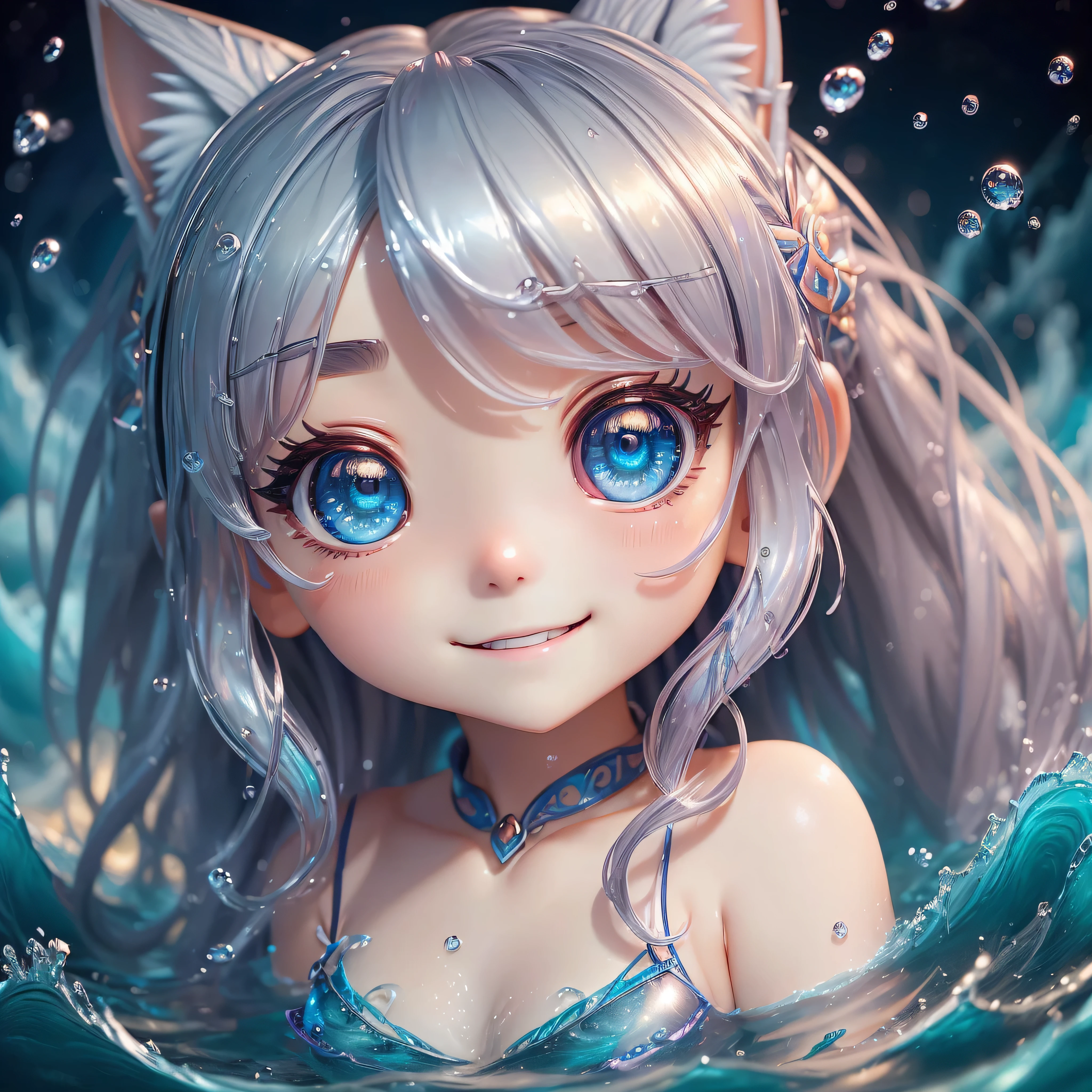 (masterpiece,best quality:1.4),(8k,raw photo,photo realistic:1.2),shiny skin,detailed skin,detailed face,detailed eyes, 1girl,looking at viewer,Japanese idol,extremely beautiful face, (smile), LiquidHair, liquid hair, blue mucus floating around, slime girl, covered in blue slime, (partially transparent), (Wet with water), (blue sweat), Slimy blue liquid dripping from her body. Her hair is also covered in blue slime. blue slime scatters, Blue hair, blue eyes