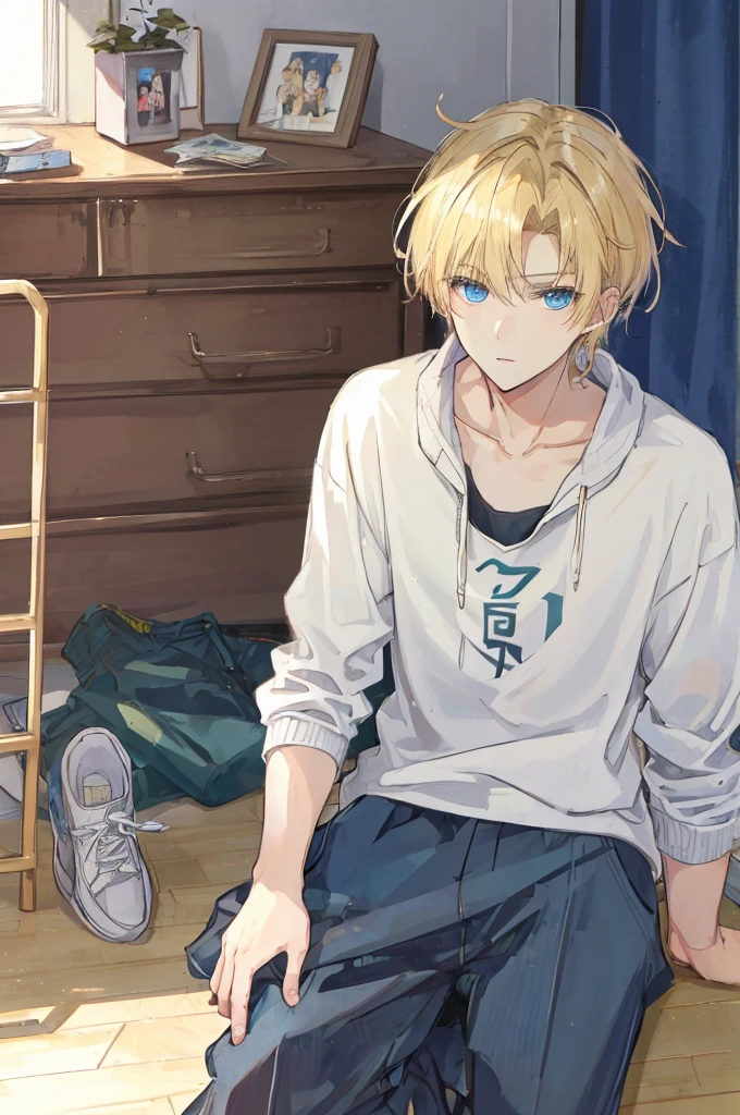 a handsome man，adult，blond，blue eyes，clavicle，Sweatshirt，long trousers，Lazy，(Very detailed background，bedroom)，sit on the floor，