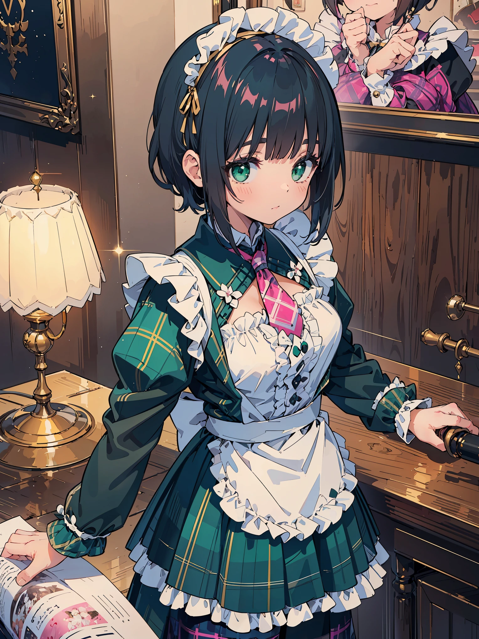 Legendary masterpieces、absolute resolution、Super detailed and realistic stick、one girl、cute girl、white brim、可愛いpink色の大きなリボン、(pink&Dark green plaid Victorian maid dress made of taffeta fabric, mainly shantung fabric and organdy fabric with beading processing.、:1.5)、With raschel stretch lace or tulle at the hem of the dress、(Gold buttons on the front:1.2)、(frills、red tie、White jacquard blouse:1.4)、(Peach cardigan with loop yarn and glitter、cable knit patterns:1.3)、(Shiny black tights denier２０:1.1)、One length bob cut braid black hair、Fine silky smooth hair、super detailed soft costume，