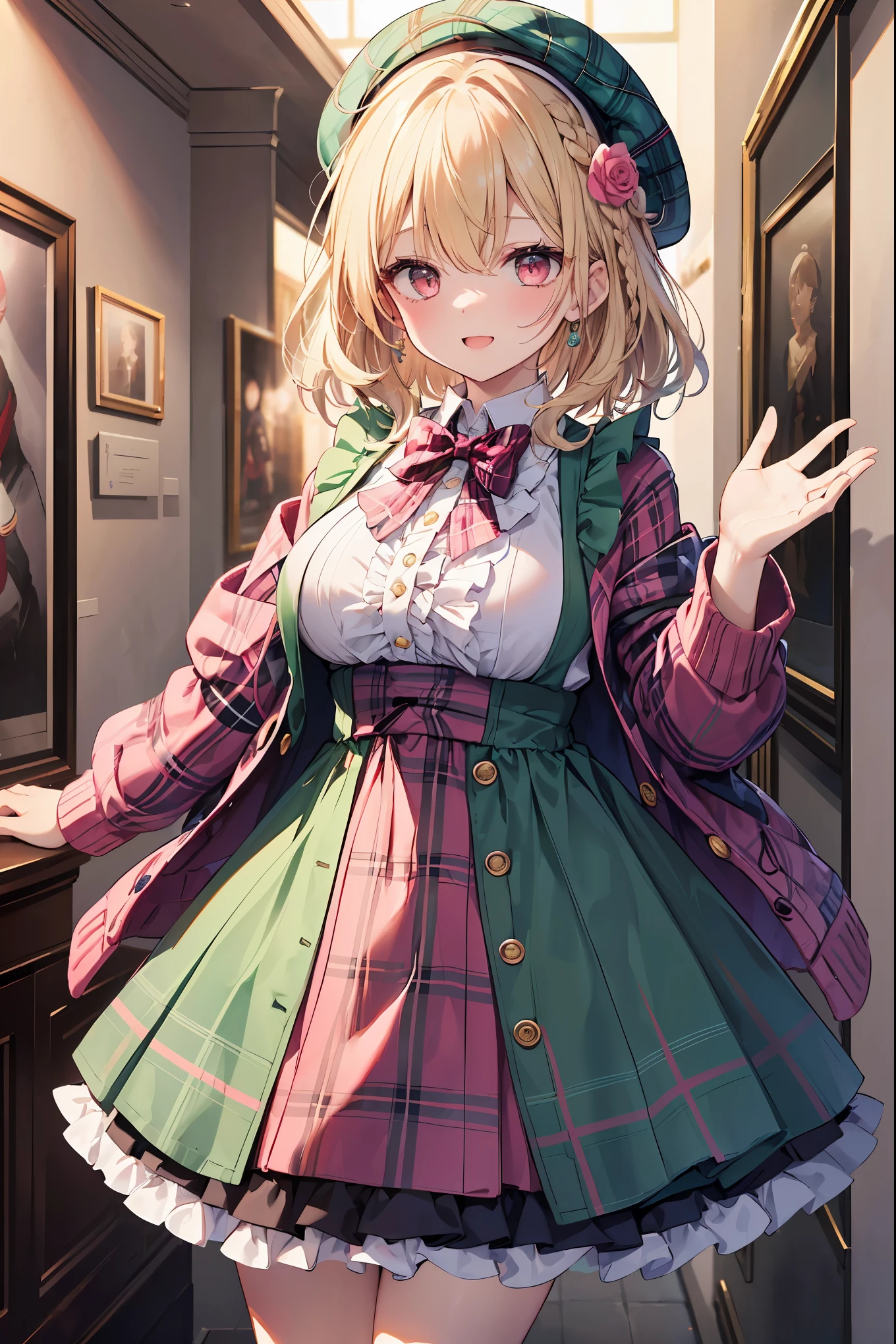 super insane detail、disorganized、ultra high resolution、super detail、highest quality、 1 girl、solo、nice hands、perfect hand-made (Vintage style beret with flower pin:1.3)、(pink&dark green plaid dress:1.5)、(Gold buttons on the front:1.2)、(frills、red bow tie、white blouse:1.4)、(peach cardigan、cable knit patterns:1.3)、(pinkタイツデニール２０:1.1)、(mint green mary jane shoes:1.2) best smile、open your mouth、wave your mouth、 あざといcuteポーズ、cowboy shot、slender、Look straight ahead with shining eyes、cute、symmetrical face、超cute女の子、超cute顔、Ultra-fine eyes、super cute hair、超cute、Super beautiful、 stylish clothing design、Super famous world heritage museum、exhibition hall、Historic ancient museum、 big breasts、Soft and jiggling breasts、ＢＲＥＡＫ　(medium hair、braid blonde、silky smooth hair、deep red eyes)、hair between eyes、Nape of neck