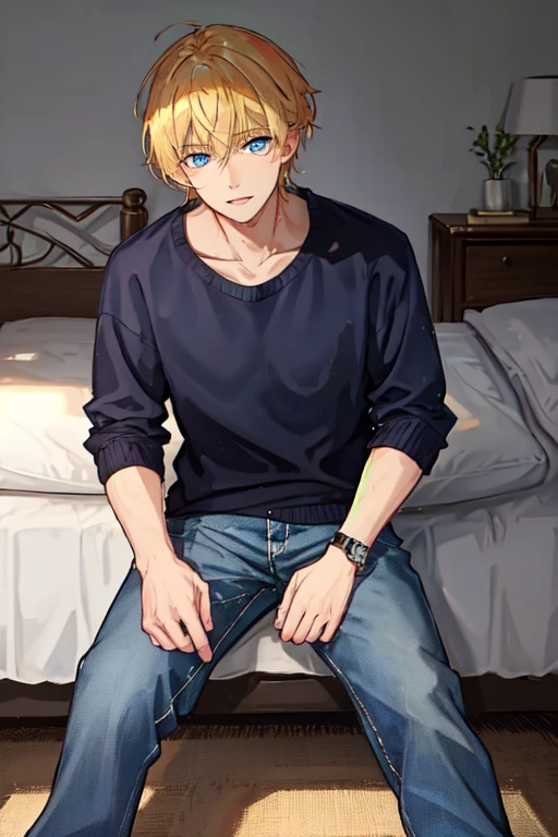 a handsome man，adult，blond，blue eyes，clavicle，Sweatshirt，long trousers，Lazy，(Very detailed background，bedroom)，sit on the floor，
