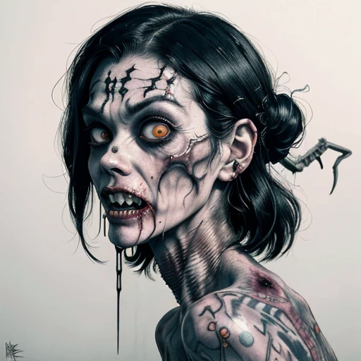 An image of a zombie witch with a creepy face, angry, wide numb eyes, scary open mouth, big sharp teeth with dripping blood and an occult tattoo on the neck, inspired by Junji Ito, junji ito style, art style of junji ito, in style of junji ito, ito junji art, style of junji ito, subtle junji ito, kaethe butcher, inspired by Hannah Frank, fleshy - cyborg - zombie