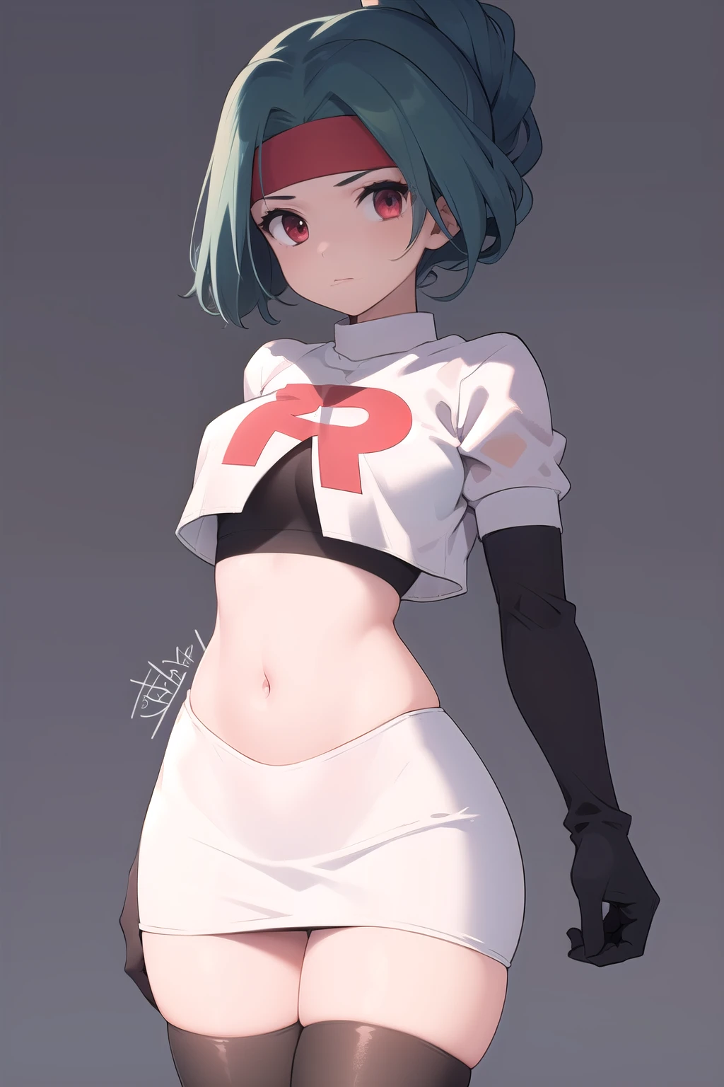 (masterpiece, best quality:1.2), solo, 1girl, solana, looking at viewer, headband, team rocket,team rocket uniform,white skirt,red letter R,crop top,black thigh-highs,black elbow gloves