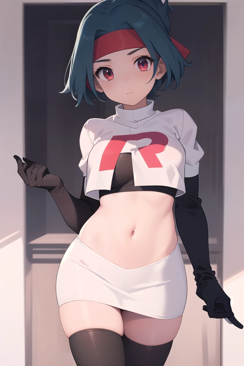 (masterpiece, best quality:1.2), solo, 1girl, solana, looking at viewer, headband, team rocket,team rocket uniform,white skirt,red letter R,crop top,black thigh-highs,black elbow gloves
