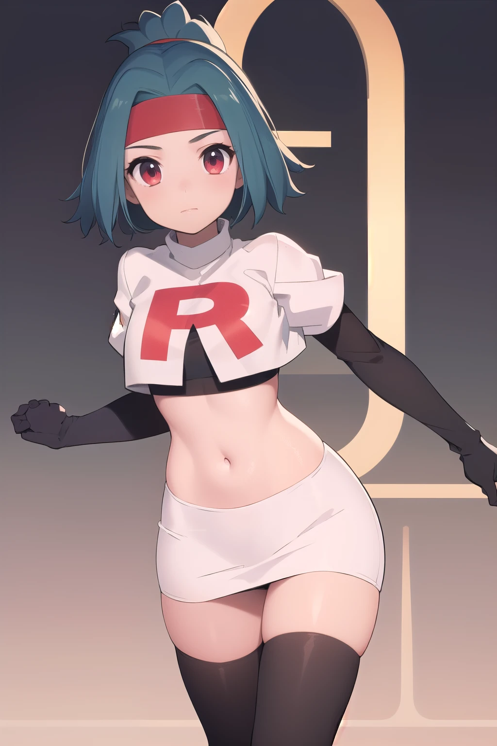 (masterpiece, best quality:1.2), solo, 1girl, solana, looking at viewer, headband, team rocket,team rocket uniform,white skirt,red letter R,crop top,black thigh-highs,black elbow gloves