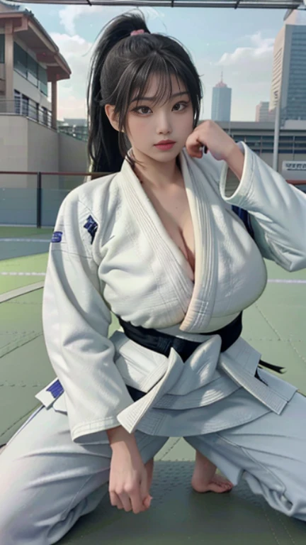 play sports often,ponytail 、(Judo:1.6)、(Navel exposed:1.2)、、(Cyberpunk settings: 1.2), compensate,, (1 girl: 1.4), highest quality, masterpiece, (reality: 1.2), young woman, lady, detailed face, fine eyes, fine hair, fine skin, looking at the viewer, dramatic, vibrant, sharp focus, 50mm, f1.2, EOS R8, (3/4 body: 1.2), Overall image, (With the judo hall in the background: 1.6), (highest qualityの詳細: 1.2), 8K HD,(huge breasts:1.8)、(spread legs:1.3),