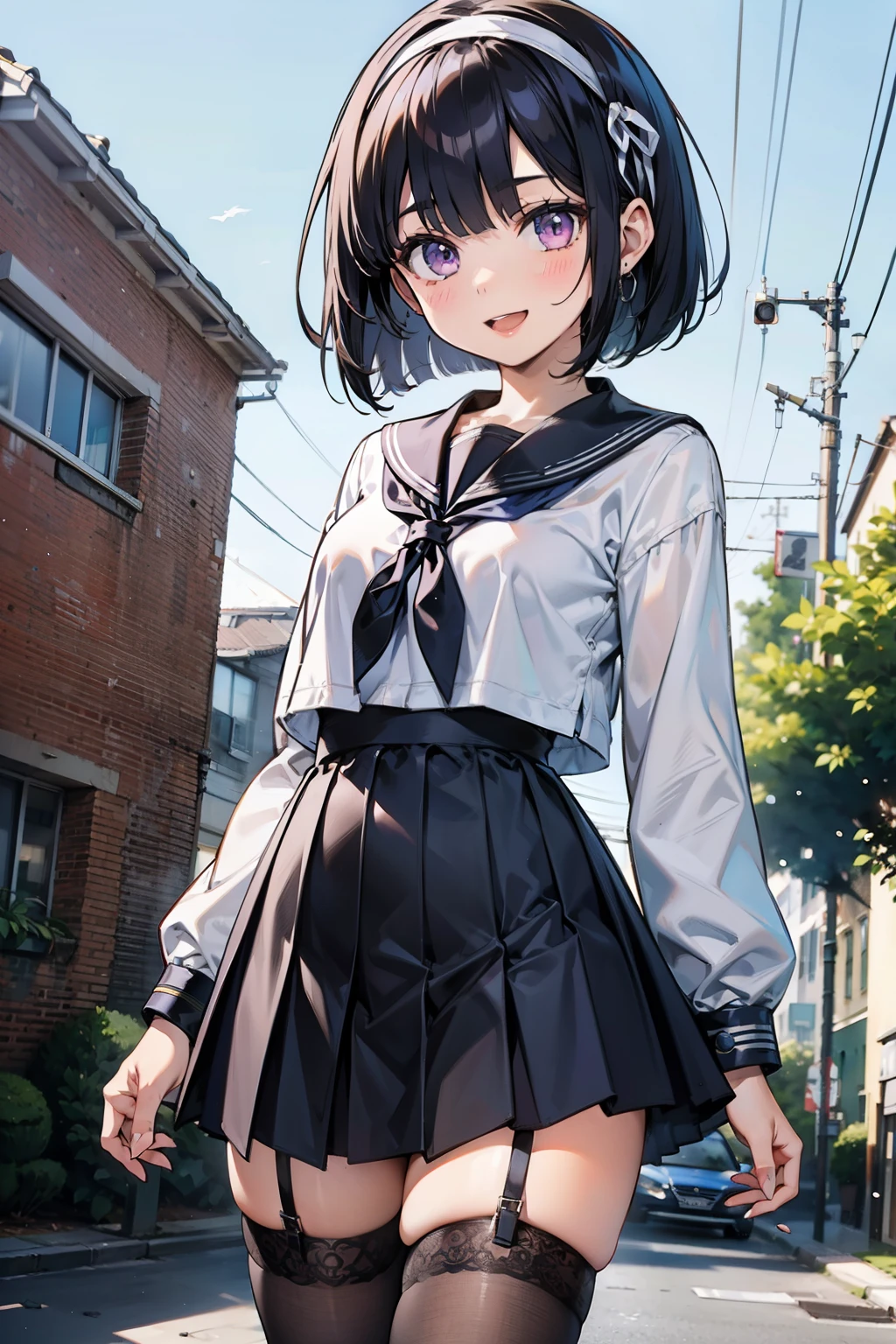 body 8 times longer than head, (Highly detailed CG unity 8k), (highest quality),(very detailed),(ultra high resolution), black hair, High school girl wearing a navy sailor suit, Anime 2D rendering, realistic young anime high school girl, ((White headband)), smile, purple eyes, small breasts, tall, slanted eyes, (school scenery), black stockings, bright color, open your mouth a little, Dark blue skirt, bob cut,