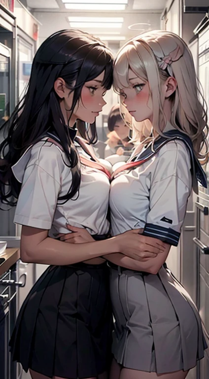 super fine illustration,masterpiece,best quality,ultra detailed,2girls,yuri,look at each other,eye contact,sailor school uniform,short sleeves,breasts press against breasts,large breasts,medium hair,blush,shy,