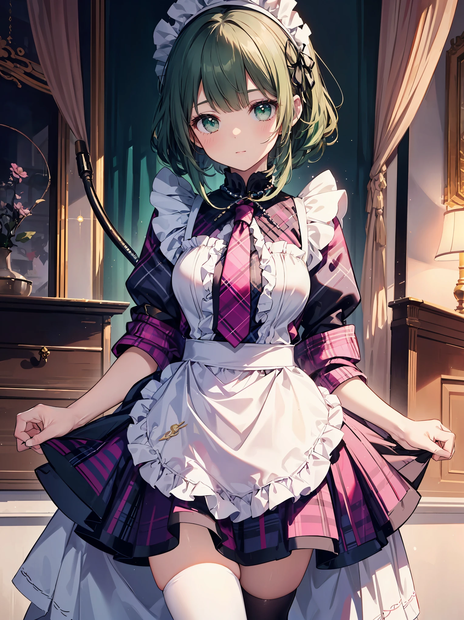 Legendary masterpieces、absolute resolution、Super detailed and realistic stick、one girl、cute girl、white brim、可愛いpink色の大きなリボン、(pink&Dark green plaid Victorian maid dress made of taffeta fabric, mainly shantung fabric and organdy fabric with beading processing.、:1.5)、With raschel stretch lace or tulle at the hem of the dress、(Gold buttons on the front:1.2)、(frills、red tie、White jacquard blouse:1.4)、(Peach cardigan with loop yarn and glitter、cable knit patterns:1.3)、(Shiny black tights denier20:1.1)、One length bob cut braid black hair、Fine silky smooth hair、super detailed soft costume,