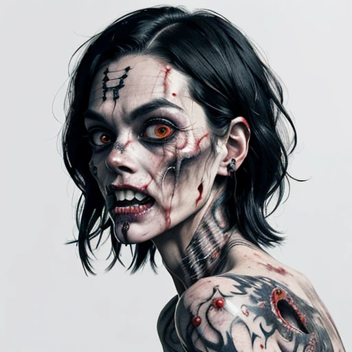 An image of a zombie witch with a creepy face, angry, wide numb eyes, scary open mouth, big sharp teeth with dripping blood and an occult tattoo on the neck, inspired by Junji Ito, junji ito style, art style of junji ito, in style of junji ito, ito junji art, style of junji ito, subtle junji ito, kaethe butcher, inspired by Hannah Frank, fleshy - cyborg - zombie