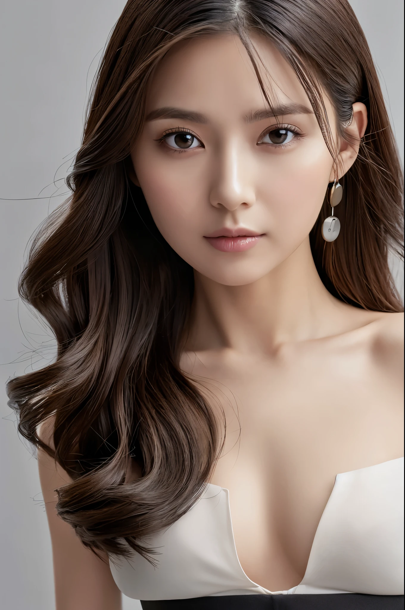 A futuristic portrait of existence, Capture creatures using high-speed camera technology, Emphasize its smooth form, And create the perfect blend of simple compositions against a clean background. High-end designs are implemented in Unreal Engine, (best qualtiy, A high resolution, tmasterpiece:1.3), A skinny and beautiful Japanese woman, Slender abs, Dark brown hair in loose wavy styling, medium breasts, very thin waist, Wear a pendant, white button-down blouse without bra, a black skirt, Beautifully rendered details in face and skin textures, Detailed eyes, alone in a photo