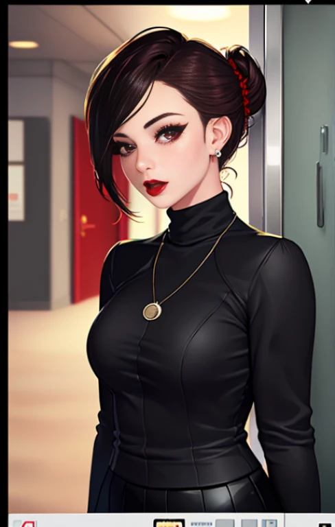 master piece,Best Quality,highest quality,Ultra-detailed,ultra high resolution,extremely detailed CG unity 8k wallpaper,Illustration,Detailed skin,Shiny skin,Realistic,Beautiful detailed eyes,luscious eyes,striking eyes,Perfect Anatomy, gleaming skin,oily skin,1girl in,Solo,(((upper body))),(((half updo,red lips)), secretary, business jacket ,turtleneck,tight neck shirt,tight skirt,pumps,stockings,high heel,earrings,necklace,red lips,{{{{voyeurism, peeking}}}}, {{{{{{peephole}}}}}}, 1 boy, {{boy looks at girl through peephole}}, {{iPhone, smartphone screen, camera app frame}}, viewfinder,(((surveillance camera footage))),(((1girl appears on screen))),(((recording))),(((1girl are being photographed,voyeurism,peeping))),