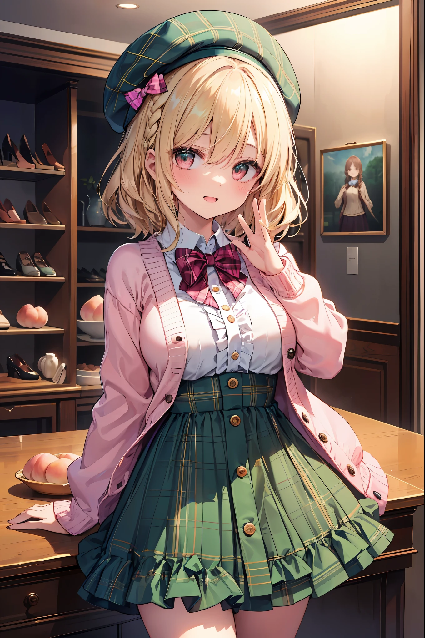 super insane detail、disorganized、ultra high resolution、super detail、highest quality、 1 girl、solo、nice hands、perfect hand-made (Vintage style beret with flower pin:1.3)、(pink&dark green plaid dress:1.5)、(Gold buttons on the front:1.2)、(frills、red bow tie、white blouse:1.4)、(peach cardigan、cable knit patterns:1.3)、(pinkタイツデニール２０:1.1)、(mint green mary jane shoes:1.2) best smile、open your mouth、wave your mouth、 あざといcuteポーズ、cowboy shot、slender、Look straight ahead with shining eyes、cute、symmetrical face、超cute女の子、超cute顔、Ultra-fine eyes、super cute hair、超cute、Super beautiful、 stylish clothing design、Super famous world heritage museum、exhibition hall、Historic ancient museum、 big breasts、Soft and jiggling breasts、ＢＲＥＡＫ　(medium hair、braid blonde、silky smooth hair、deep red eyes)、hair between eyes、Nape of neck